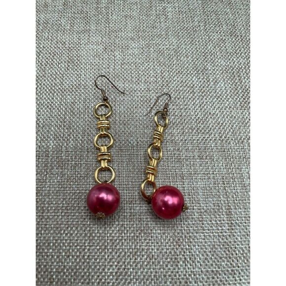 Vintage Dangle Dark Pink Bauble Pierced Earrings Gold Tone Rings - Picture 3 of 7